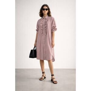 Plan C Ruffle Collared Crisp Cotton Shirt Dress Preppy Striped 42 Size 6